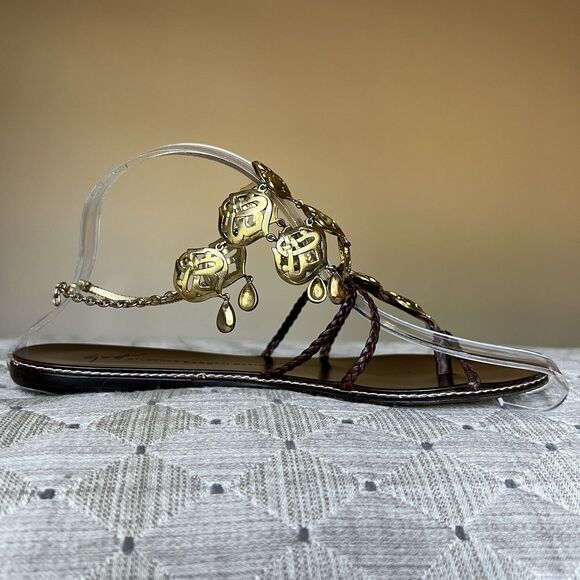 Giuseppe Zanotti Design Brown Leather Strap w/ Gold Brass Flat Sandal EU 37 US 7